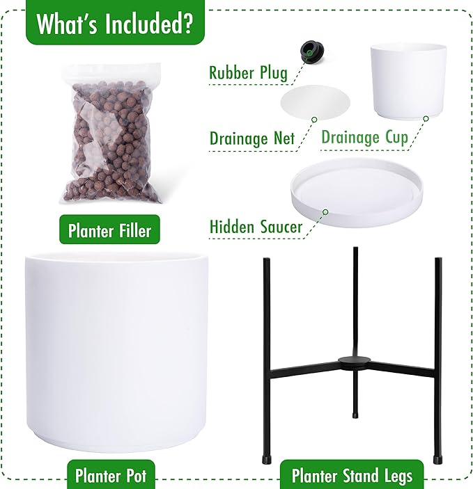 D'vine Dev Modern White Plants Pot Cylinder Planter with Heavy Duty Stand, XX-Large 16 Inch Pot, 22.8 Inch with Stand Height, 96-T-A-5