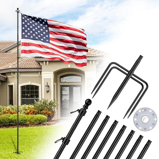 ZMTECH 10 FT Flag Pole in Ground with Solar Light, Heavy Duty Flag Pole Holder for Outside House with Solar Light and 5 Pronges Base, Flag Pole Kit for Outdoor Garden Decor(1 Pack,Without Flag)