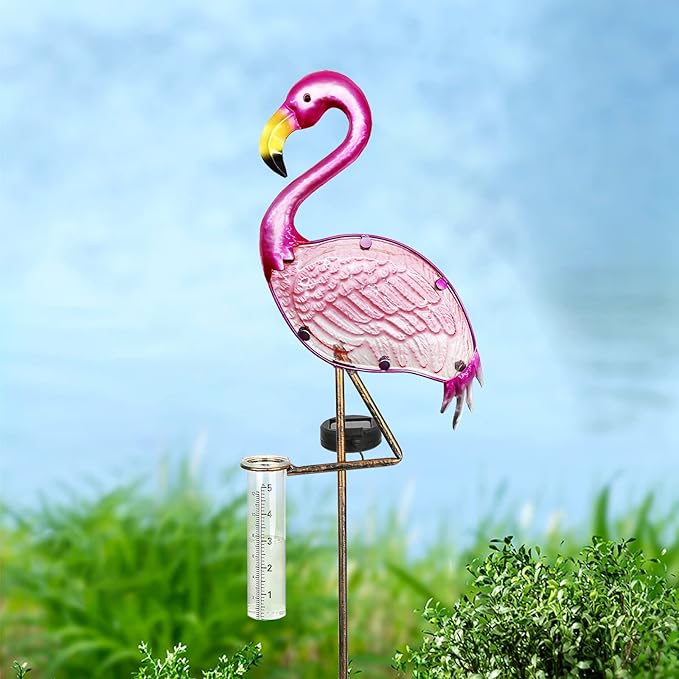LEWIS&WAYNE 43’’ Solar Flamingo Rain Gauge Outdoor Decorative Metal Stake LED Lights with Glass Tube Solar Pathway Lights for Garden, Yard, Patio, Lawn Decor