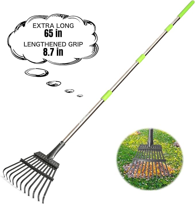 Joyhalo Small Rake for Leaves, 8.5 Inch Wide Rake Head Leaf Rake with 11 Tines, Metal Garden Rake with Adjustable Handle from 38.5 to 65 Inch for Gardening, Clippings, Gathering Leaves, Weeds, Debris