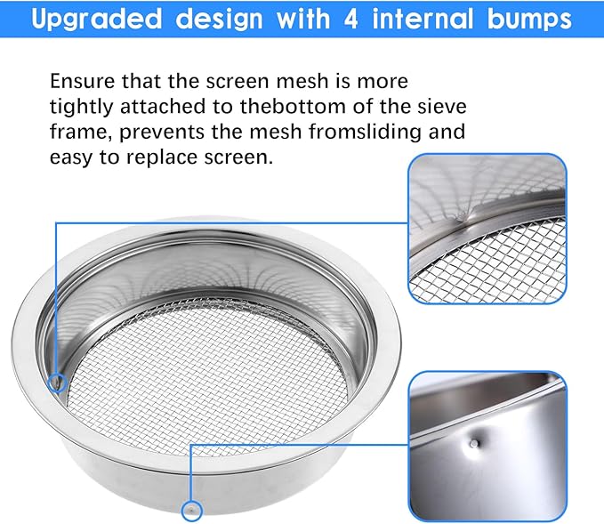 Soil Sieve Sifter Set Stainless Steel,Garden Sieve Set with 3 Interchangeable Mesh 3,6,9mm,Sifting Screen for Dirt, Sand, Rock, Filtration, Compost, with Soil Scoops Gardening Tool