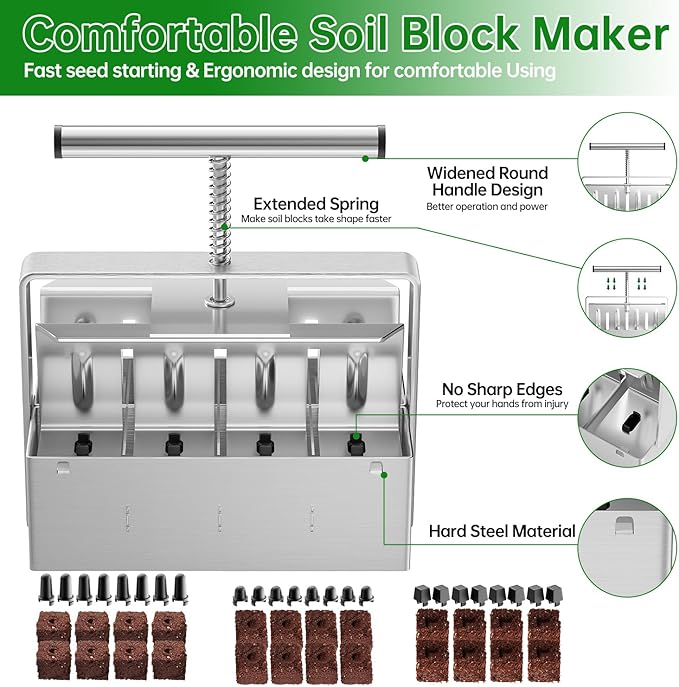 Soil Blocker, 8 Cell Soil Block Maker 2 Inch with 3 Sizes Seed Pins, 2024 Seed Handheld Block Maker with Comfortable Handle, Garden Blocking Tools for Seedings, Cuttings, Greenhouses