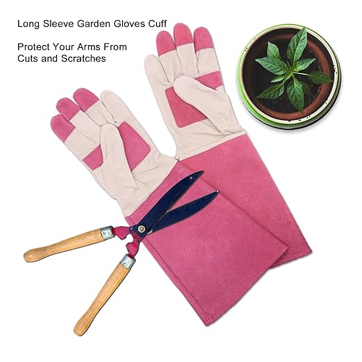 HLDD HANDLANDY Gardening Gloves for Women & Men, Pigskin Long Sleeve Rose Pruning Gloves, Thorn Proof Garden Work Gauntlet (Small, Rose)