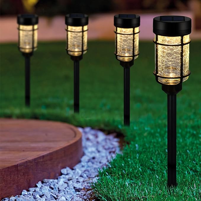 Solar Pathway Lights 6 Pack, Color Changing+Warm White LED Solar Lights Outdoor, Waterproof Solar Crackle Glass Stake Lights for Garden Path Walkway Backyard Lawn Landscape Decoration