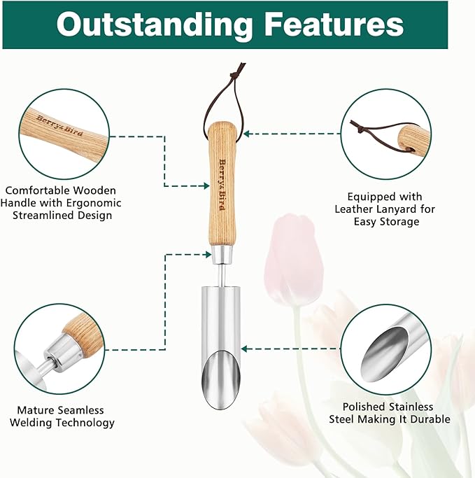 Berry&Bird Bulb Planter Tool, 12" Garden Bulb Transplanter Tool, Stainless Steel Manual Hole Digger with Wooden Handle, Transplanting Agricultural Dibble Tool for Seed Planting & Flower Planter