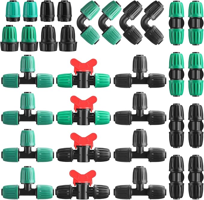 32 Pcs 1/2" Tubing Irrigation Fittings Kit 1/2" ID x 0.6-0.63" OD 16 mm Drip Irrigation Barbed Connectors 4 Switch Valves, 8 Tees, 8 Couplings, 4 Elbows, 4 Ends, 4 Adapters (Green, Black)