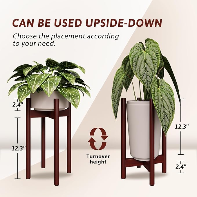 Adjustable Plant Stand Indoor, Bamboo Plant Holder 8 to 12 Inches, Small Tall Planter Stand for Indoor Plants, Single Floor Plant Stand for Living Room Balcony Bedroom, Reddish Brown