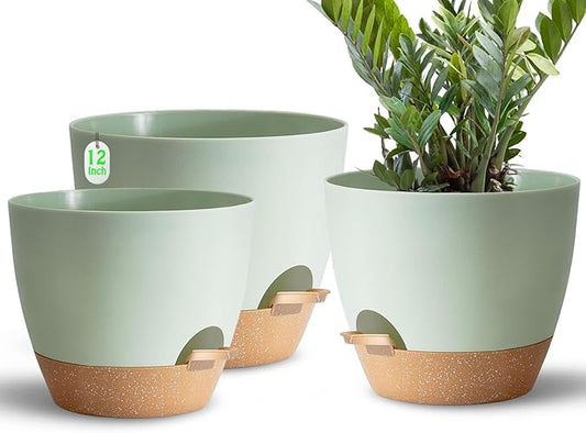 Indoor Pots For Plants 3 Pack 12/10/9 Inch Self Watering Pots For Lazy People,Self Watering Pots For Indoor Plants,Outdoor Pots For Succulent, African violets And Cactus Green Plastic Flower Pots