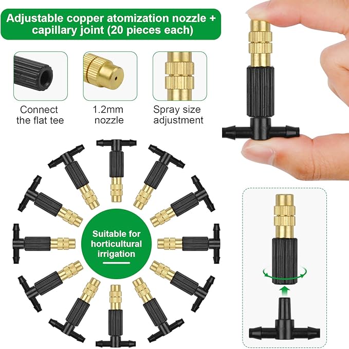 Kalolary Irrigation Nozzle Adjustable Copper Atomizing Nozzle Connect 4/7 Hose Tube Micro Nozzle Drip Irrigation Sprayer Garden Cooling Irrigation Equipment with 3-Way Drip Irrigation Connector