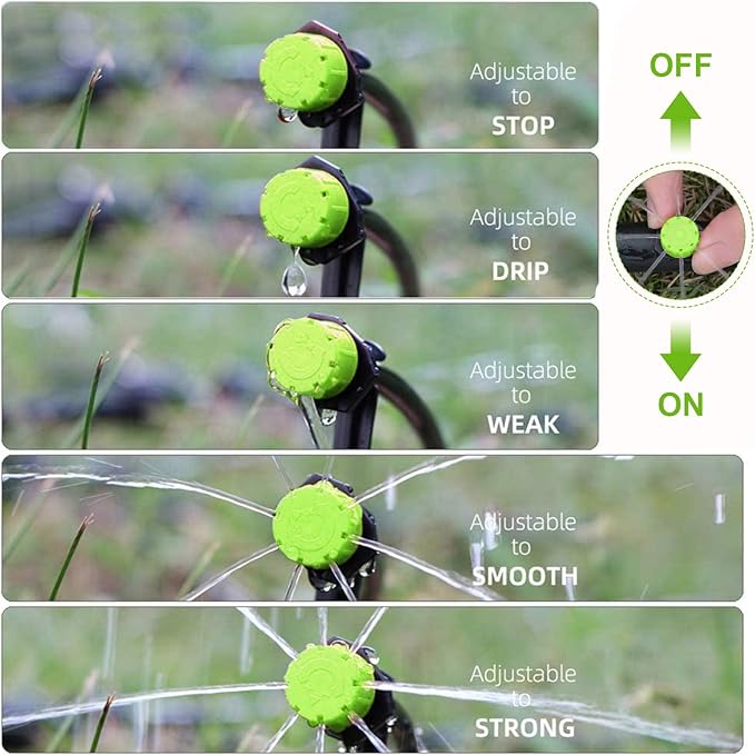 Kalolary 200Pcs Adjustable Irrigation Drippers, 1/4 Inch Barbed Drip Emitter 360 Degree Watering Sprinklers Anti-Clogging Drippers for 4mm/7mm Garden Watering System（Green）