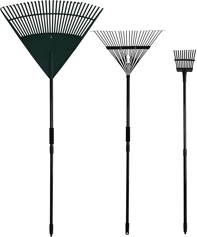 Kylin Gardening 3-Piece Rake Set - 30 Tine Poly Lawn Rake,24 Tine Steel Garden Rake,11 Tine Shrub Rake with Telescopic Steel Handle for Adult or Kids