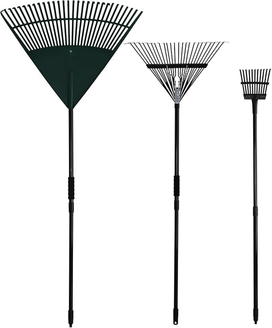 Kylin Gardening 3-Piece Rake Set - 30 Tine Poly Lawn Rake,24 Tine Steel Garden Rake,11 Tine Shrub Rake with Telescopic Steel Handle for Adult or Kids