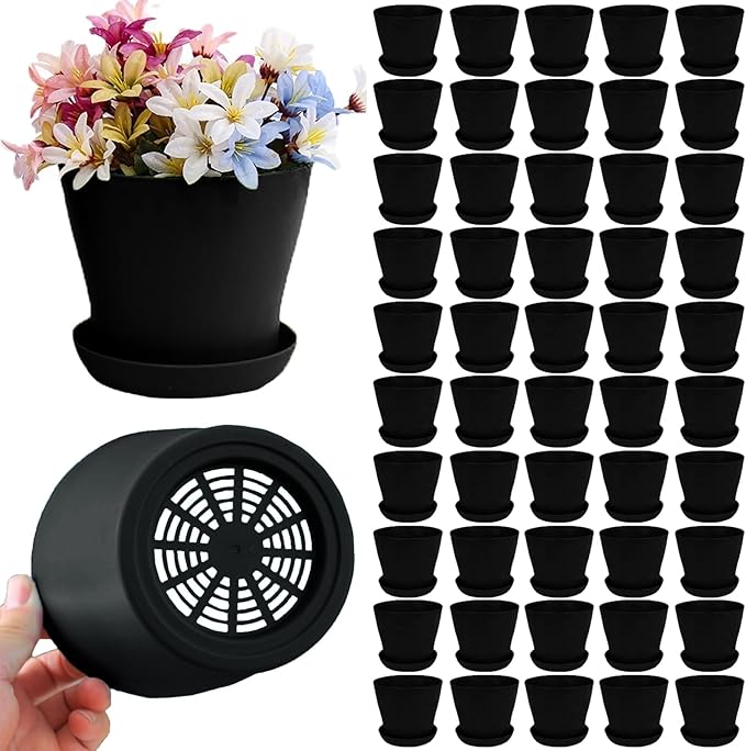 50 Pack 4 Inch Plant Pots Bulk Small Plastic Planters Pots with Drainage Holes Flower Pot for Succulent, Cactus, Herb, African Violet (50pcs-Black, 4Inches)