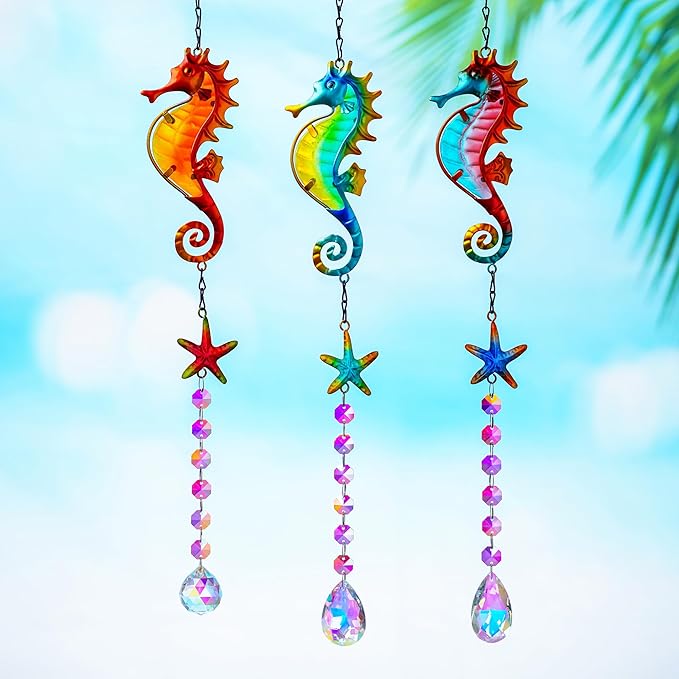 3PCS Metal Seahorse & Starfish Hanging Sun Catchers with Crystals, Colorful Crystal Prisms Stained Glass Suncatcher, Rainbow Maker Pendant Indoor Outdoor Patio Fence Decor