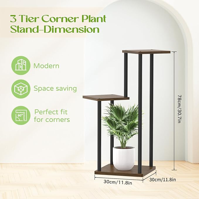 3 Tier Plant Stand Indoor Outdoor, Wood Metal Flower Shelf Pot Holder Clearance, Tall Multiple Plants Corner Rack Aesthetic Organizer for Patio Orchid Office Porch Living Room Garden, Black Oak