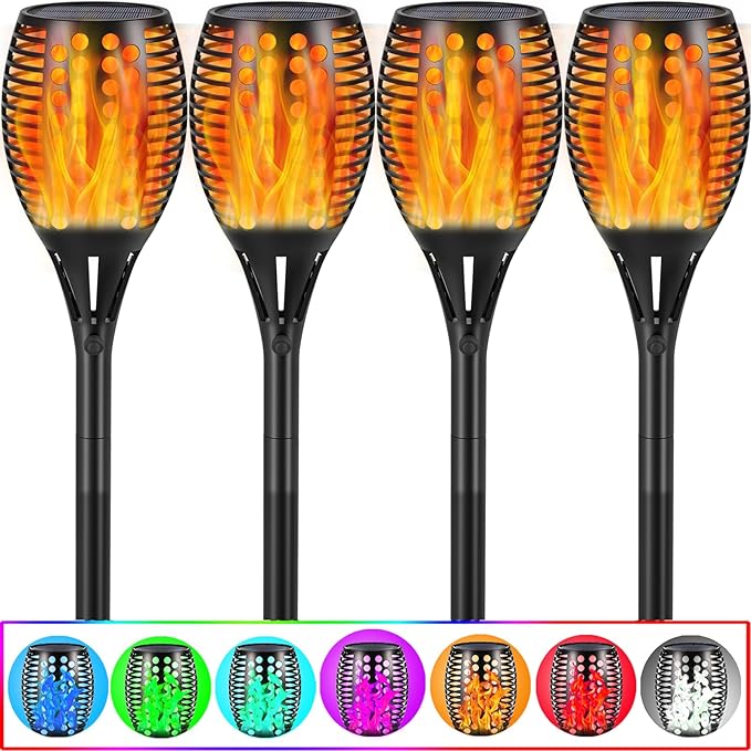 RGB Colorful Solar Torch Light 4 Pcs Solar Lights Outdoor 96 LED Upgraded Waterproof Landscape Garden Pathway Light with Vivid Dancing Flickering Flames for Yard Decoration