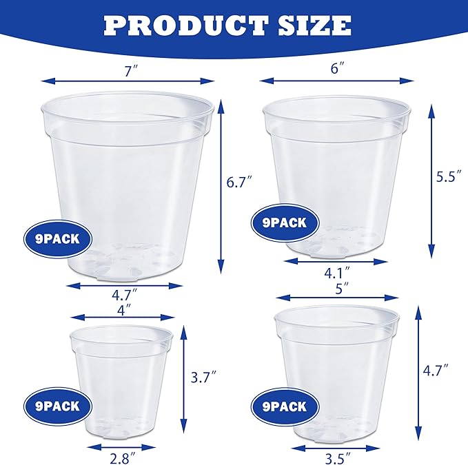 Hourleey 36 Pack 4/5/6/7 Inch Clear Nursery Pots for Plants, Plant Pots with Drainage Holes, Transparent Seedling Pots for Seed Starters Planter Flower
