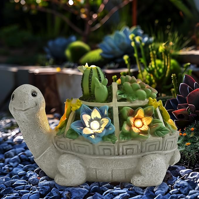 Garden Decor Statue,Solar Turtle with Succulent & 6 LED Lights - Outdoor Figurine for Lawn Decoration, Gifts for mom，Handcrafted Resin Sculpture -Garden Lovers/Mothers Day/Christmas Day Gift