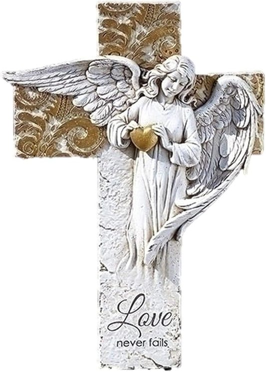 Roman Angel on Cross with Gold Heart Garden Statue,12-inch Height