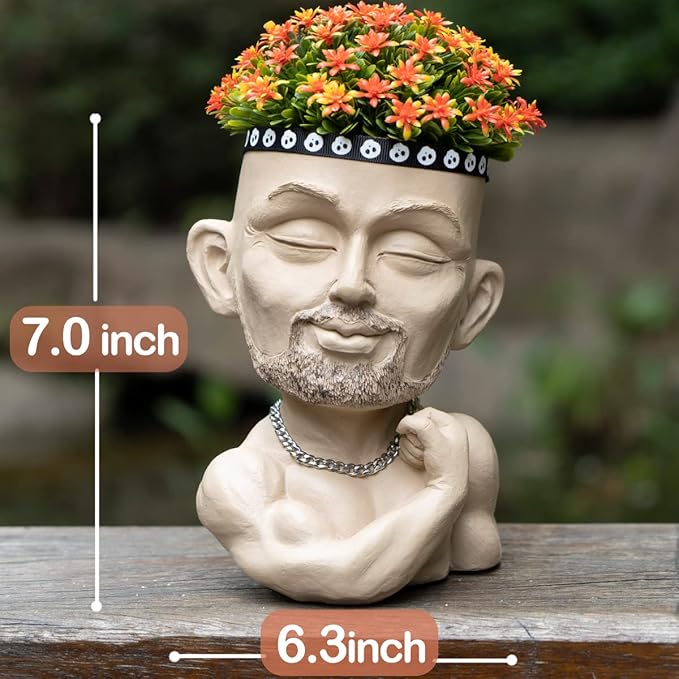 Beefcake Face Planter Pots Head Planter Man Face Planters Pot Head Face Flower Pot Head Planter with Drainage Hole Mscular Man(Khaki)