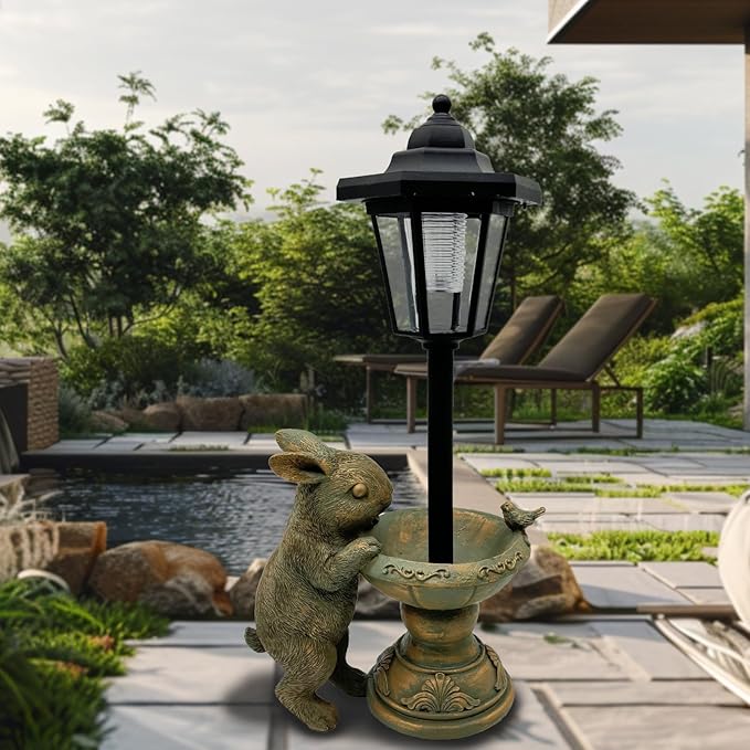 Rabbit Garden Statue with Solar Lantern - 15.8“ Outdoor Bunny Statue Bronze Resin Rabbit Figurines for Outside, Yard, Patio, Lawn Decor, Housewarming Gifts for Women, Mom