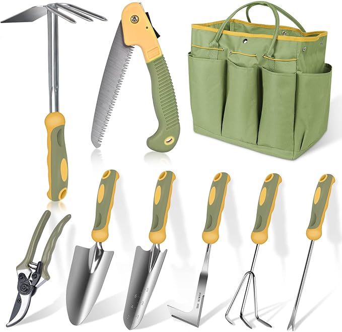 Garden Tool Set, WisaKey 9 Piece Stainless Steel Heavy Duty Gardening Tools with Handle, Durable Garden Tool Bag, Ideal Gardening Hand Tools, Gardening Gifts for Women and Men White Elephant Gifts