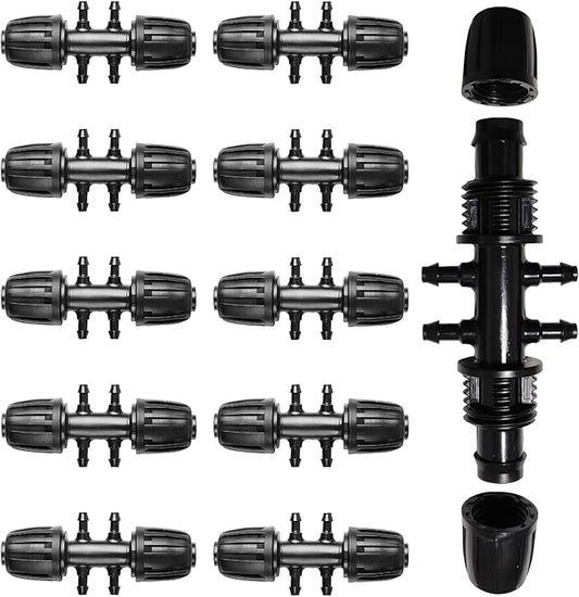 10PCS Barbed Tee 1/2 inch to 1/4 inch Irrigation Tube Anti-Drop Drip Irrigation Parts (13mm ID/4mm ID),Drip Irrigation System Fits 16 mm Drip Tape Tubing,4mm ID 7mm OD Hose Connector, 6-Way Adapte