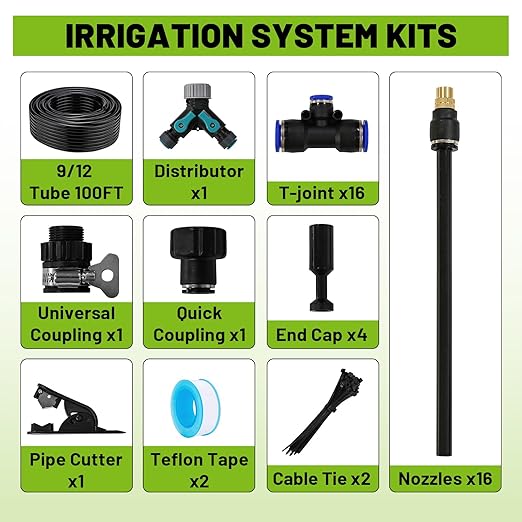 Garden Drip Irrigation Kit, 100ft Black Hose, 360° Adjustable Universal Nozzle, Patio Mist Plant Watering Sprinkler, Comes with Faucet Separator, Sprinkler Hose Adapter (Closeable nozzle-16)