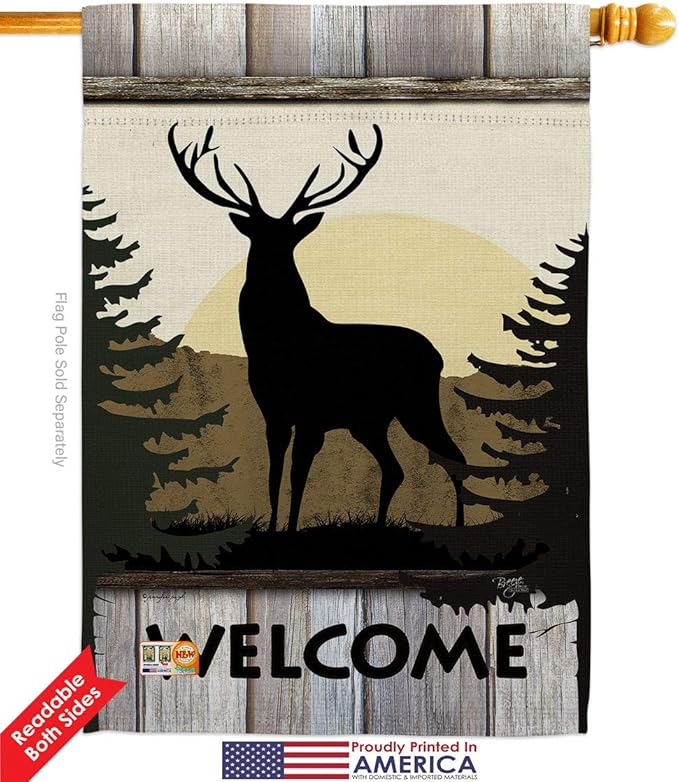 Welcome Deer House Flag Set Animals Wildlife Outdoor Bear Wolf Pet Nature Farm Animal Creature Decorative Yard Banner Double-Sided Made In USA 28 X 40