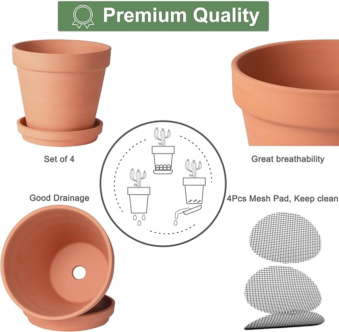 6 inch Clay Pots for Plants with Saucer, Large Terra Cotta Plant Pots with Drainage Hole, Flower Pots with Tray, Terracotta Pots for Indoor Outdoor Plant - Pack of 4 Planters