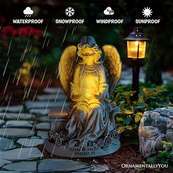 Spring & Summer-Themed Garden Statues – Adorable Outdoor Decor for Lawn, Patio & Porch (Guardian Angel Reading Book Garden Statue, 10" Solar Powered Angelic Outdoor Figurine)