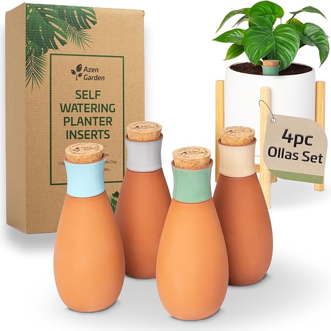 Ollas Plant Watering Globes - Terracotta Self Watering Planter Insert - Watering Bulbs for Outdoor and Indoor Plants with Easy Top Refill System - Set of 4