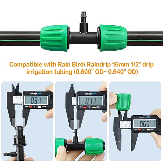 12 Pack Drip Irrigation Fittings for 1/2 Inch to 1/4 Inch Tubing Reducing Tee：1/2" (1/2" ID x 0.65" OD) to 1/4" Drip Line Anti-drop Locked Nut Barbed Reducer Tee Connectors