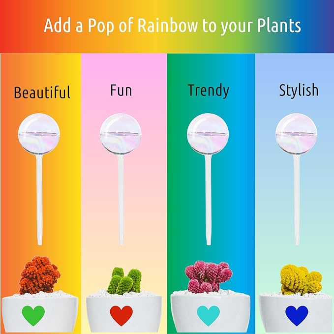 LGL Plant Watering Globes - 2 Pieces Clear Rainbow. Decorative Self Watering Planter Inserts. Hand-Blown Durable Glass. Ideal Plant Lover Gift (2pk Medium)