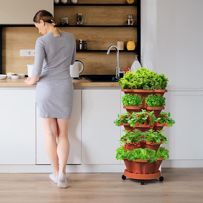 Strawberry Vertical Planters 2 Pack, 5 Tiered Stacking Tower Garden with Support Pole, Stackable Herb Vegetable Planters Indoor Outdoor Terra Cotta