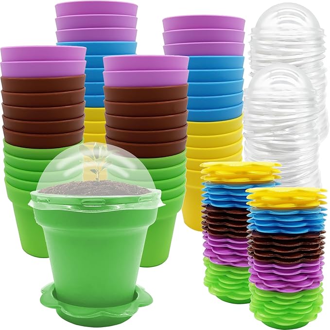 50 Packs Cupcake Plant Nursery Pots with Humidity Dome- Planting Containers Cups- Small Flower Pots for Indoor Outdoor Plant Succulent Vegetable (Mixed Color)
