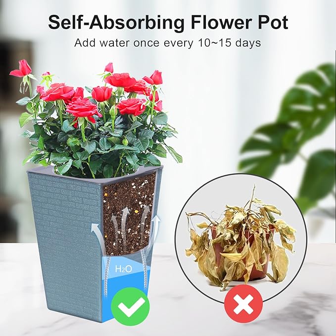 2 Pieces 6 Inch Self Watering Planter, Plastic Flower Pots with Inner Pot Indoor Plants Brick Pattern Flowerpot for Indoor Plants, African Violets, Flowers, Herbs (Antique Silver)