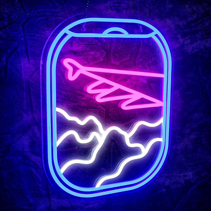 WLHOPE Airplane Window View Neon Signs Blue Pink LED Neon Sign for Wall Decor, USB Plane Window Clouds Neon Light Up Signs for Bedroom Living Room Game Room Office Shop Airport Wall Art Decor