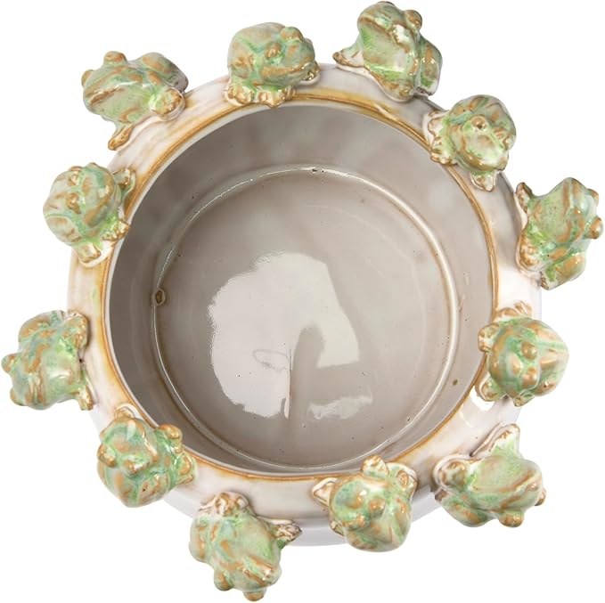 Creative Co-Op Stoneware Planter with Frog Figurine Rim, Multicolor