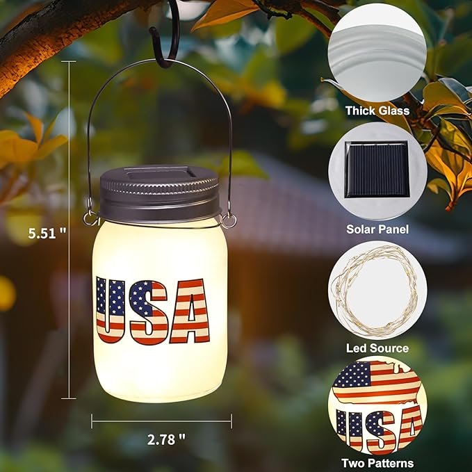 Solar Lanterns Outdoor Waterproof Tabletop - The USA Flag Outdoor Waterproof Hanging Solar Lights Glass Jar for Garden,Patio,Pathway & Yard Decor 2 Pack