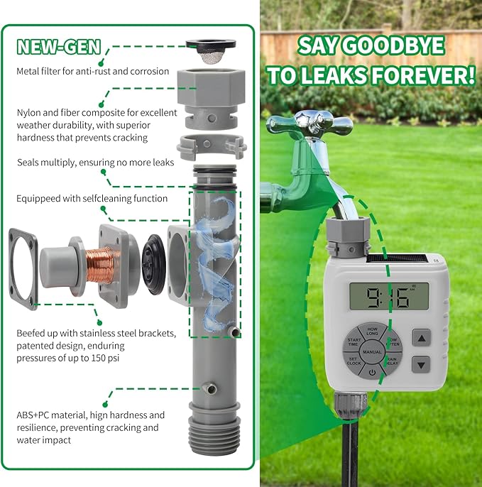 Sprinkler Timer, Zuomeng Water Timer for Garden Hose with Dual Power Design, Professional Anti-Leak Technology, Smart Irrigation with Rain Delay, Automatic/Manual Mode for Efficient Watering, Gray