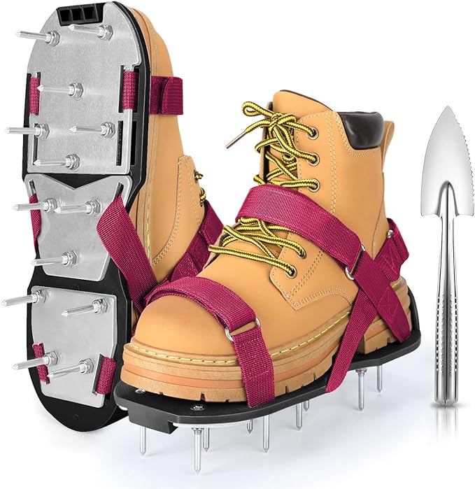 Lawn Aerator Shoes for Grass - Pre-Assembled Grass Aerator Shoes for Lawn - Soil Yard Aerator Tool for Aerating Patio Garden, Red