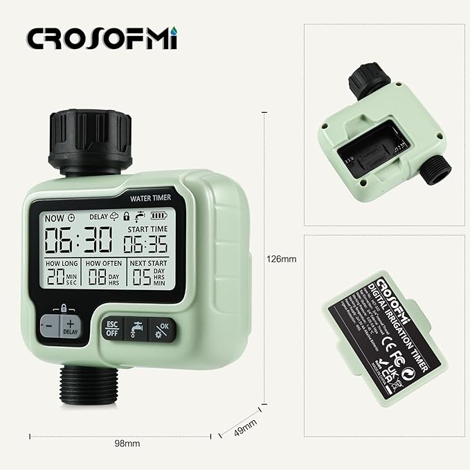 CROSOFMI Watering Timer,Sprinkler Timer Programmable Garden Outdoor Hose Faucet Timer with Rain Delay/Manual/Automatic Watering System,Waterproof Digital Irrigation Timer System for Lawns,1 Outlet
