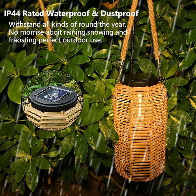 Solar Lantern Outdoor Hanging Lights, Rattan Lantern Waterproof with Twine Handle, Bright Solar Outdoor Lights with Edison Bulb for Garden Patio Yard Tabletop Decoration