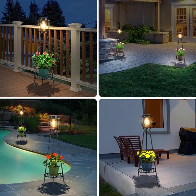 Solar Lights Outdoor with LED Edison Bulbs, Solar Floor Lamp with Plant Stands for Garden Yard Pathway Driveway Front/Back Porch Decoration