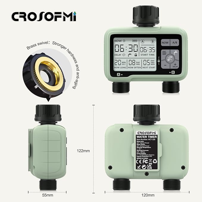 CROSOFMI Water Timer for Garden Hose,Sprinkler Timer with Rain Delay/Manual Watering/Automatic Irrigation Controller System - Water Hose Timer Programmable Faucet Timer for Yard Lawn,2 Outlet