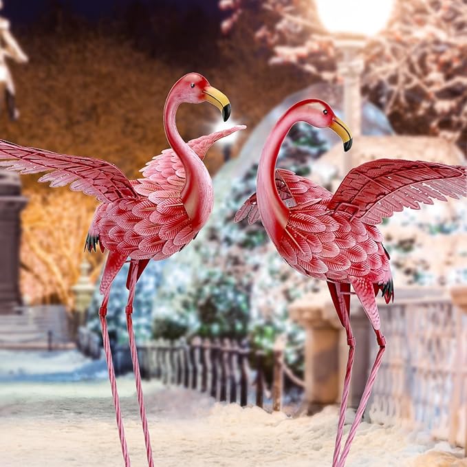 Natelf Pink Flamingo Yard Decorations, Tall Birds Garden Statues and Sculptures, Metal Lawn Art Ornaments for Outdoor Patio Backyard, Set of 2