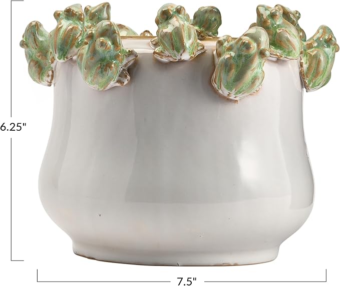 Creative Co-Op Stoneware Planter with Frog Figurine Rim, Multicolor