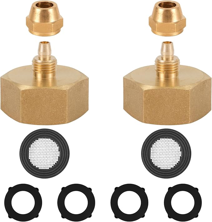 2pcs Drip Irrigation Hose Connector, Brass 3/4 to 1/4 Hose Adapter with Gasket and Filter Brass Female to Female Hose Adapter for Hose Shut Off Valve Garden Hose