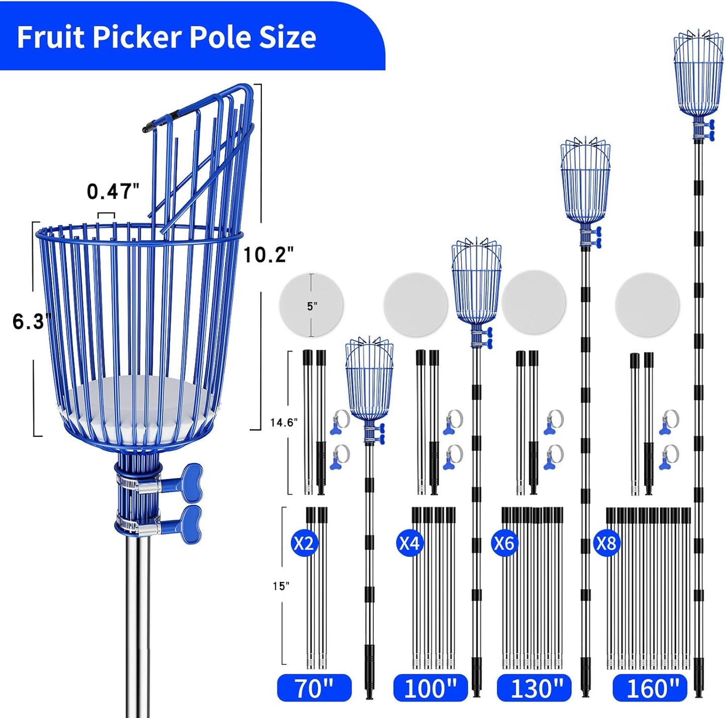 Fruit Picker Pole with Basket Segmented Fruit Picker Pole Tool for Apple Avocado Cherry Lemon Mango Orange Peach Picking(40-100")